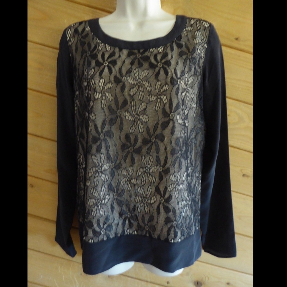 WYATT Black Beige Lace Overlay Long Sleeve Shirt Basic Top S
